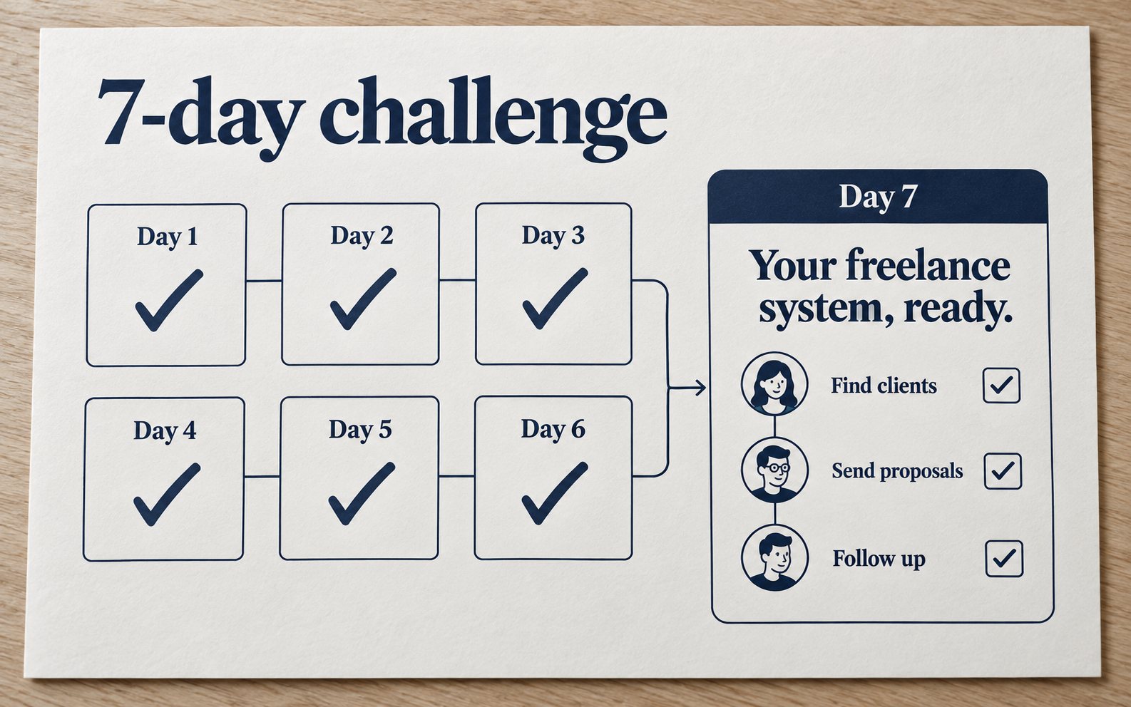 A 7-day challenge card with days 1 to 6 checked off. Day 7 reads: your freelance system, ready, with find clients, send proposals and follow up all checked.